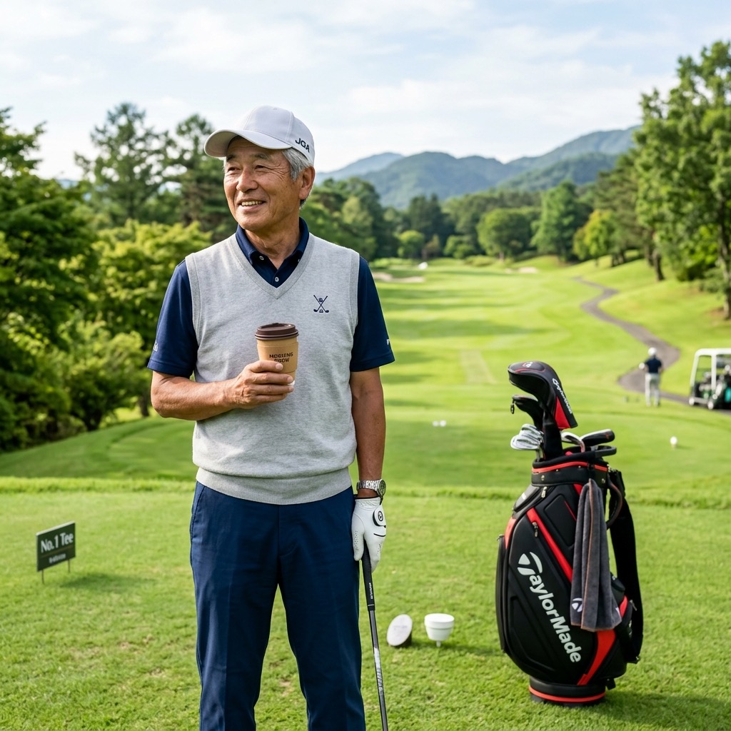 ティーグラウンドでコーヒーを楽しむゴルファー