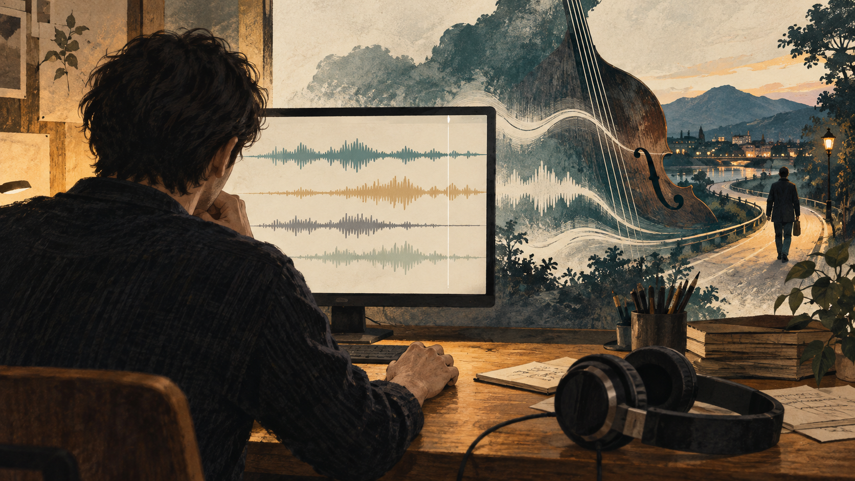 音楽の波形を見つめる人とコントラバスに重なる帰路